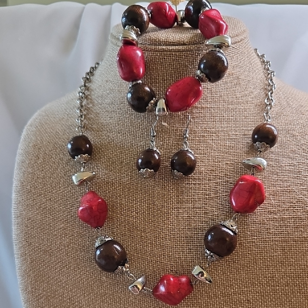 Red Dyed Howlite, Brown Seed, Silver Tone Necklace, Bracelet, Earring Set